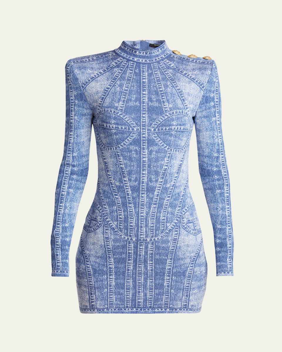 Denim Trompe Loeil Buttoned Shoulder Mini Dress